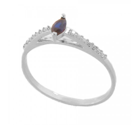 Anel solitario navete azul safira 6mm zirconia cristal nas laterais, prata. 341120