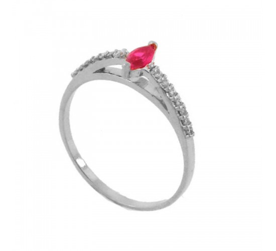 Anel solitario navete vermelha 6mm zirconia cristal nas laterais, prata. 341121