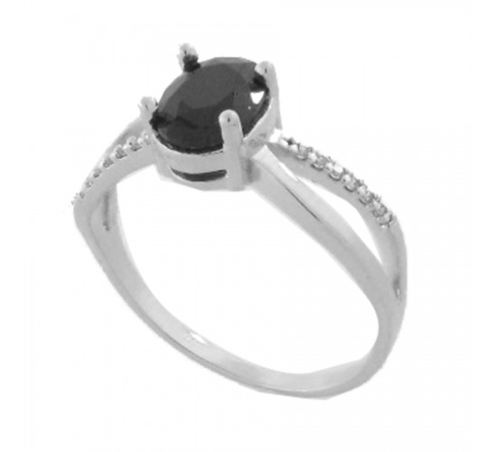 Anel solitario oval preto zirconia cristal nas laterais, prata. 341185