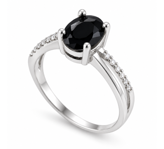 Anel solitario oval preto zirconia cristal nas laterais, prata. 341185