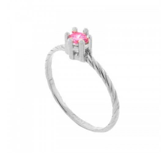 Anel solitario zirconia rosa 3,5mm aro torcido, prata. 341186