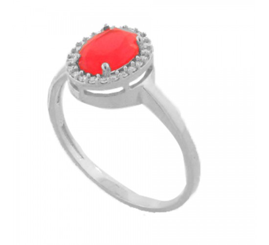 Anel oval pedra maior vermelho rubi com zirconia cristal em volta, Prata. 341220