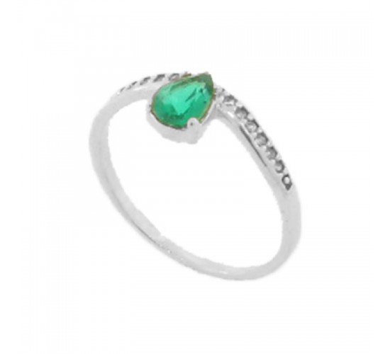 Anel solitario gota zirconia verde esmeralda, prata. 341221