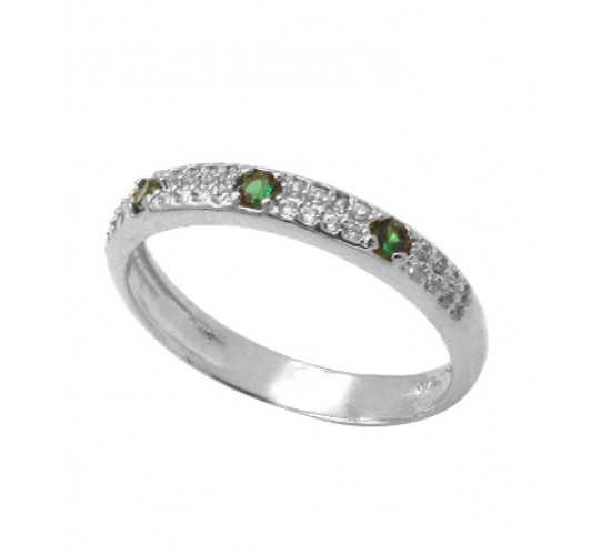Anel meia alianca zirconia cristal com 4 zirconias verde, Prata. 341224