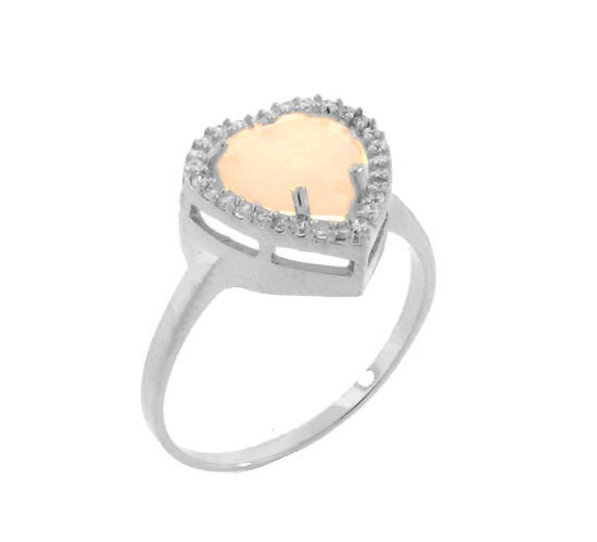 Anel coracao pedra maior rosa leitoso com zirconia cristal em volta, Prata. 341229