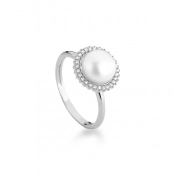 Anel perola com zirconia cristal em volta, Prata.  341339