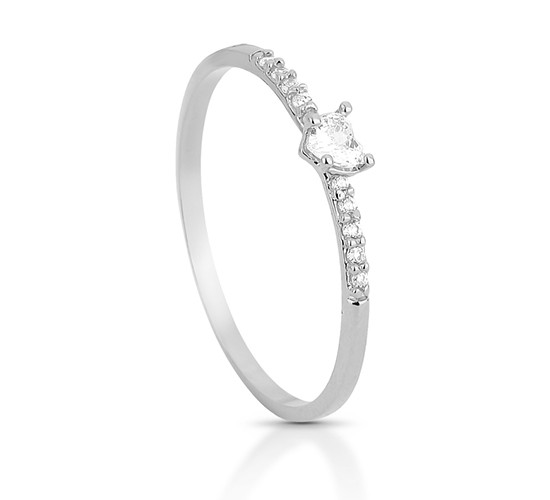 Anel solitario coracao pequeno zirconia cristal no centro e nas laterais, prata. 341343