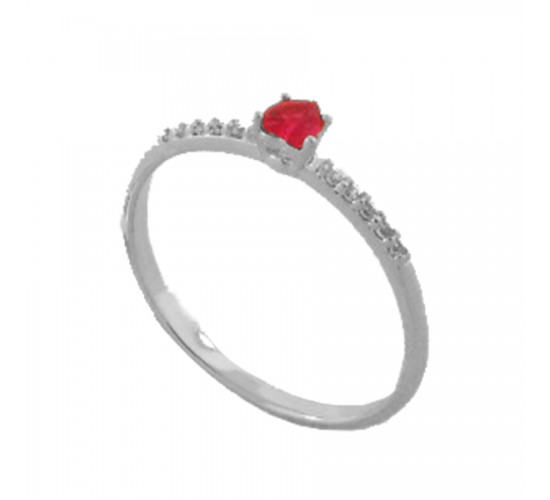 Anel solitario coracao pequeno zirconia vermelha no centro e zirconia cristal nas laterais., prata 341345