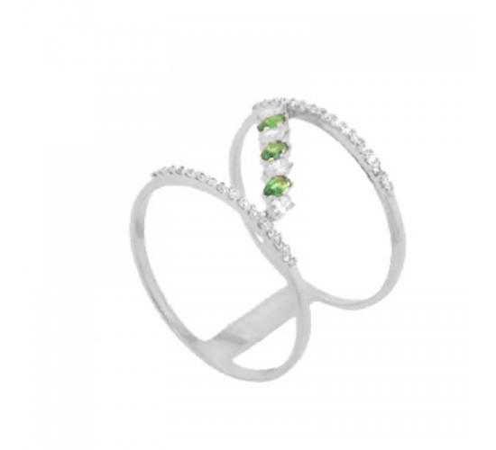 Anel fino vazado aro zirconia cristal, navete verde e cristal intercalado, prata. 341349