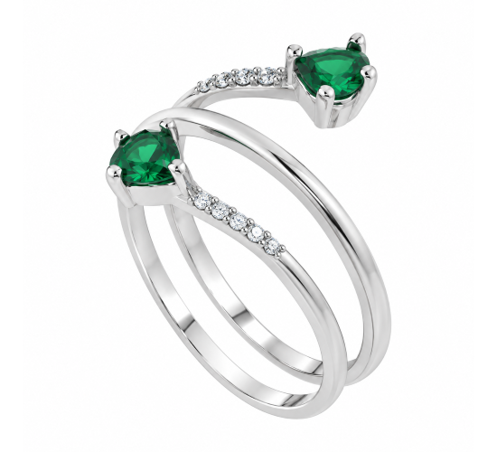 Anel espiral zirconia cristal com coracao zirconia verde nas pontas, prata. 341358