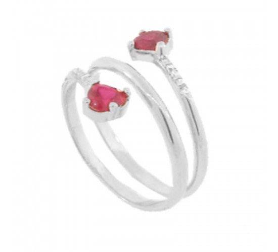 Anel espiral zirconia cristal com coracao zirconia vermelho nas pontas, prata. 341359