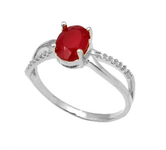Anel solitario vermelho rubi zirconia cristal nas laterais, prata. 341398