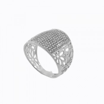 Anel largo zirconia cristal com laterais de flores vazadas, prata. 341410