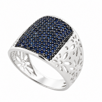 Anel largo zirconia azul safira com lateral de flor vazada, prata. 341411