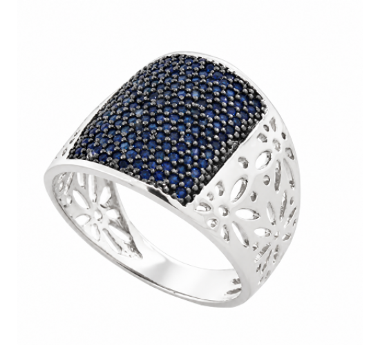 Anel largo zirconia azul safira com lateral de flor vazada, prata. 341411