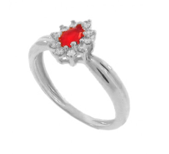 Anel gota pequena zirconia vermelho rubi no centro e cristal em volta, prata. 341414