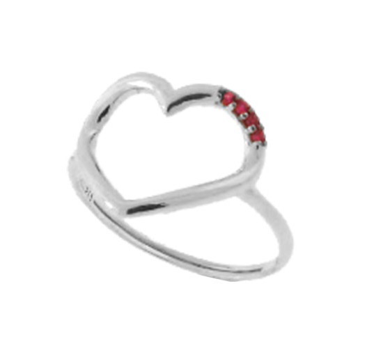 Anel coracao vazado liso com detalhe zirconia vermelha, prata. 341419