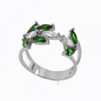 Anel 9 navetes, cristal no centro e verde nas latearis, prata. 341422 Anel 9 navetes, cristal no centro e verde nas latearis, prata. 341422