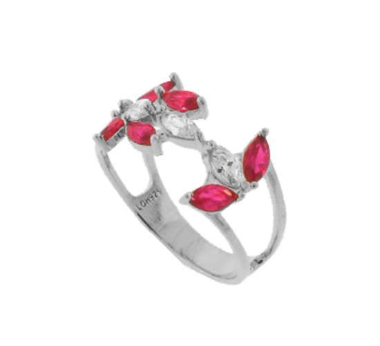 Anel 9 navetes, cristal no centro e vermelho nas laterais, prata. 341423