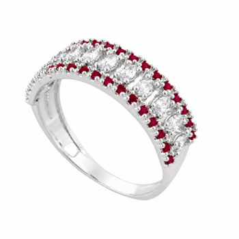 Anel meia alianca zirconia vermelha e navete cristal, prata. 341483