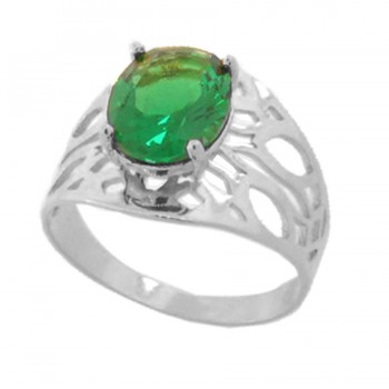 Anel rendando pedra oval maior verde esmeralda, prata. 3414898