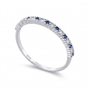 Anel meia aliança fina zirconia cristal e azul safira intercalada, prata. 3415052 Anel meia aliança fina zirconia cristal e azul safira intercalada, prata. 3415052