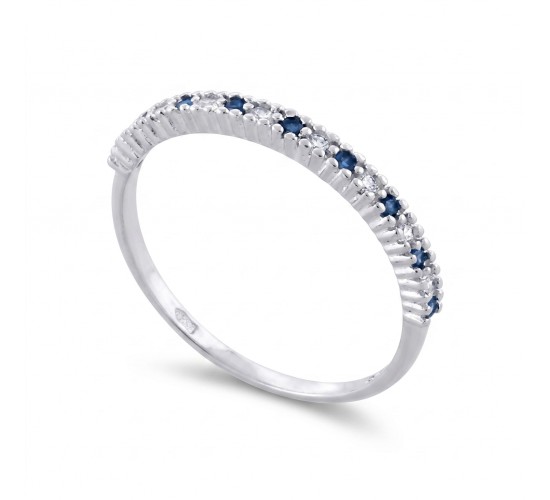 Anel meia aliança fina zirconia cristal e azul safira intercalada, prata. 3415052