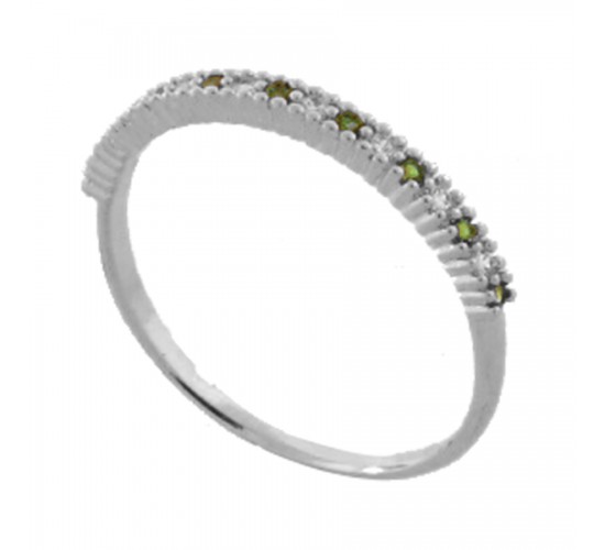Anel meia aliança fina zirconia verde e cristal intercalado, prata. 3415058