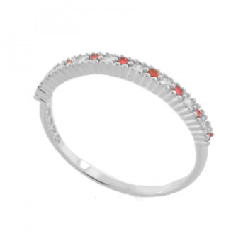 Anel meia aliança fina zirconia cristal e vermelho rubi intercalada, prata. 3415059
