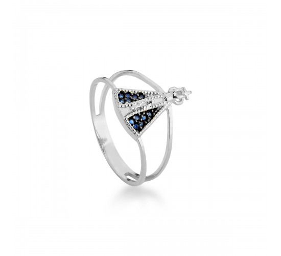 Anel Nossa Senhora Aparecida manto zirconia azul, lateral vazada, Prata. 3415112