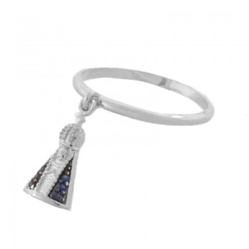 Anel pingente Nossa Senhora Aparecida anto zirconia azul safira, aro liso, Prata. 3415162