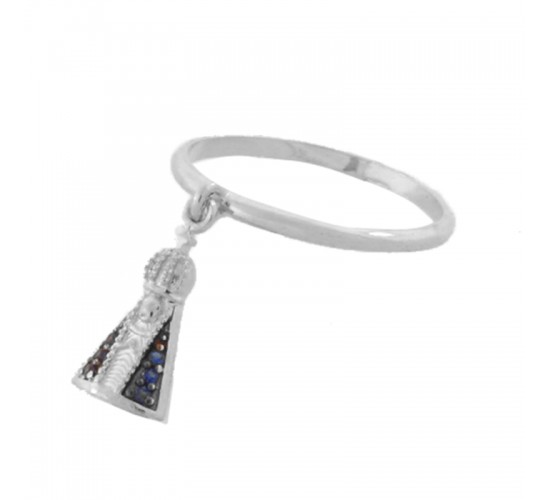 Anel pingente Nossa Senhora Aparecida anto zirconia azul safira, aro liso, Prata. 3415162