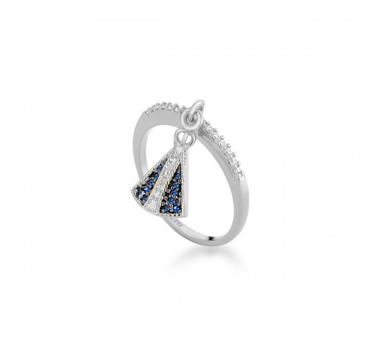 Anel Nsa Sra Aparecida, manto zirconia azul e aro zirconia cristal, Prata. 3415192