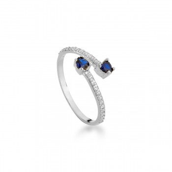 Anel volta zirconia branca e coracao azul safira nas pontas, prata. 3415222