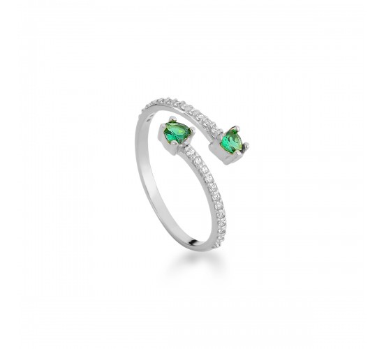 Anel volta zirconia branca e coracao verde esmeralda nas pontas, prata. 3415228