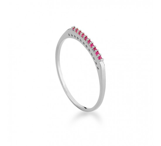 Anel meia alianca fina zirconia vermelho rubi, prata. 3415279