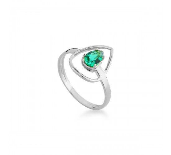 Anel gota vazada com gota verde esmeralda dentro, prata. 3415308