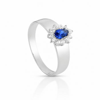 Anel gota azul safira 9mm com zirconia cristal em volta, aro liso, prata. 3415602