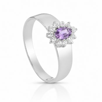 Anel gota lilas 9mm com zirconia cristal em volta, aro liso, prata. 3415603