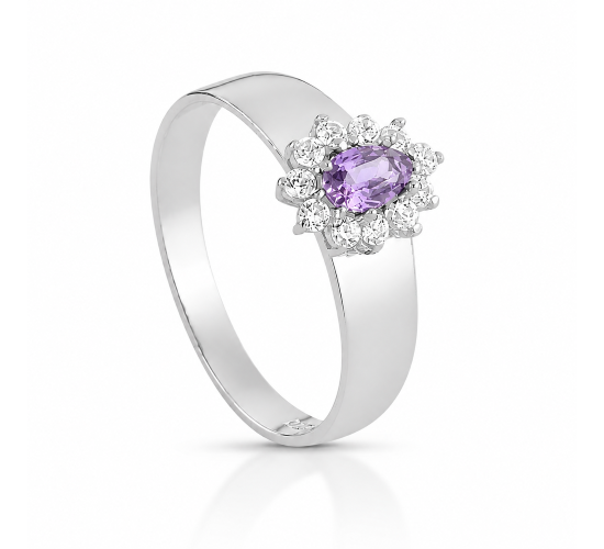 Anel gota lilas 9mm com zirconia cristal em volta, aro liso, prata. 3415603