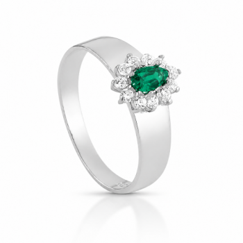 Anel gota 9mm verde esmeralda com zirconia cristal em volta, aro liso, prata. 3415608