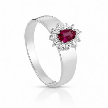 Anel gota vermelho rubi 9mm com zirconia cristal em volta, aro liso, prata. 3415609