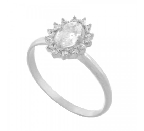 Anel solitario oval zirconia maior cristal, em volta cristal, prata. 3430040