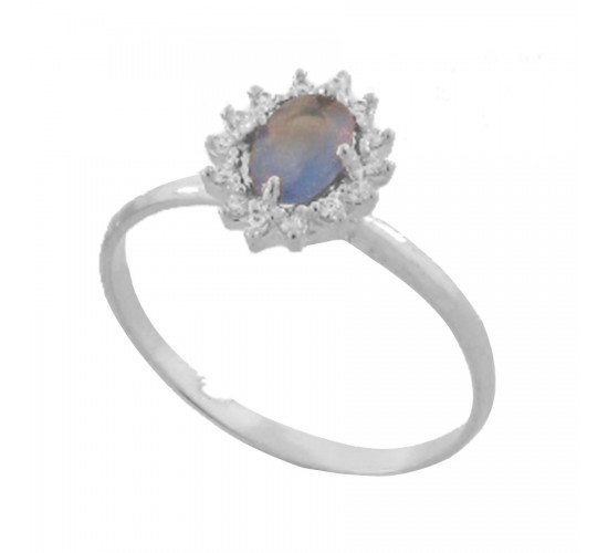 Anel pedra maior oval zirconia azul, zirconia cristal em volta, 0,90mm, prata. 3430042