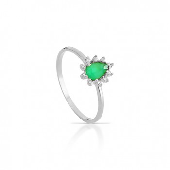 Anel solitario gota verde esmeralda e zirconia cristal em volta, prata. 3430058