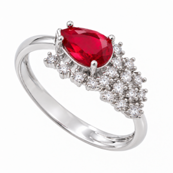 Anel gota vermelho rubi lateral com cascata de zirconia cristal, Prata. 3430109