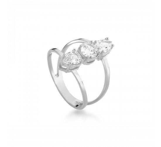 Anel pedra redondo no meio cristal e gota cristal em cima e embaixo, Prata. 3430210