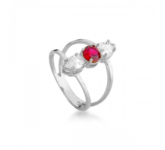 Anel pedra redondo no meio vermelho rubi e gota cristal em cima e embaixo, Prata. 3430219