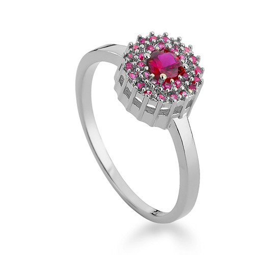 Anel chuveiro redondo zirconia vermelhor rubi em volta e zirconia maior dentro, prata. 3435359