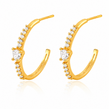 Brinco meia argola media fina zirconia cristal e coracao cristal. 12mm. 150020